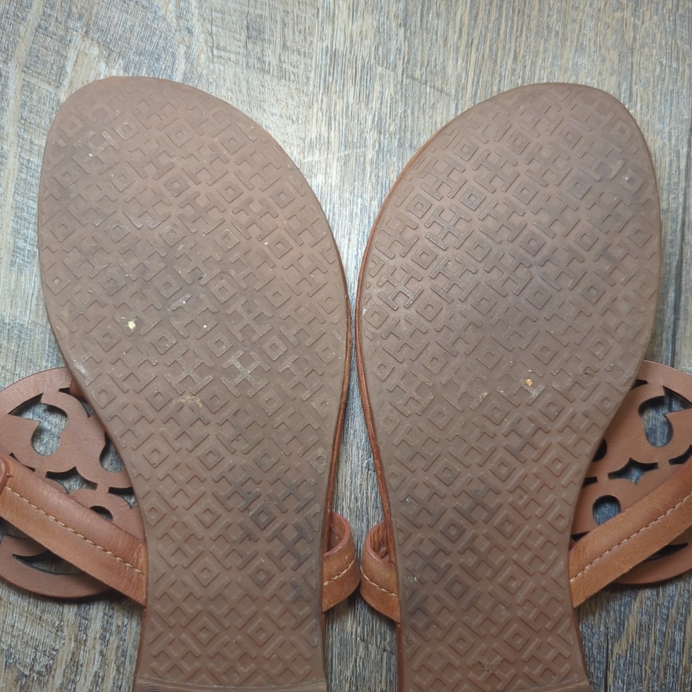 Tory Burch Miller Sandals Vintage Vachetta Tan Leather Medallion Logo Size 9 - Picture 14 of 14